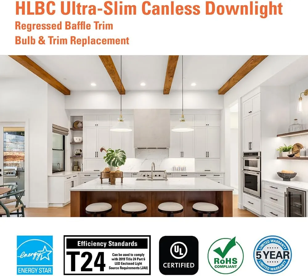 HALO HLBC 6-Inch Ultra-Slim Canless LED Downlight with Regressed Lens, Selectable CCT, Dim-to-Warm Technology