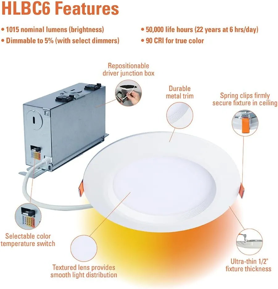 HALO HLBC 6-Inch Ultra-Slim Canless LED Downlight with Regressed Lens, Selectable CCT, Dim-to-Warm Technology