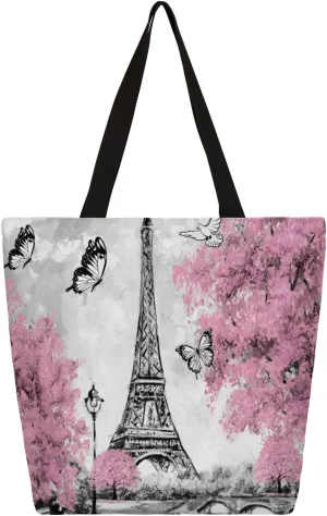 Hand Painted Pagoda Flower Butterfly Large Capacity Canvas Tote Bag Stylish Handheld Shoulder Bag Reusable Shopping Bag for Work Travel Beach Trips Shopping
