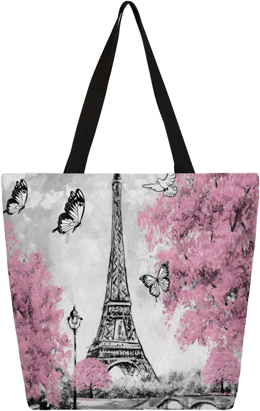 Hand Painted Pagoda Flower Butterfly Large Capacity Canvas Tote Bag Stylish Handheld Shoulder Bag Reusable Shopping Bag for Work Travel Beach Trips Shopping