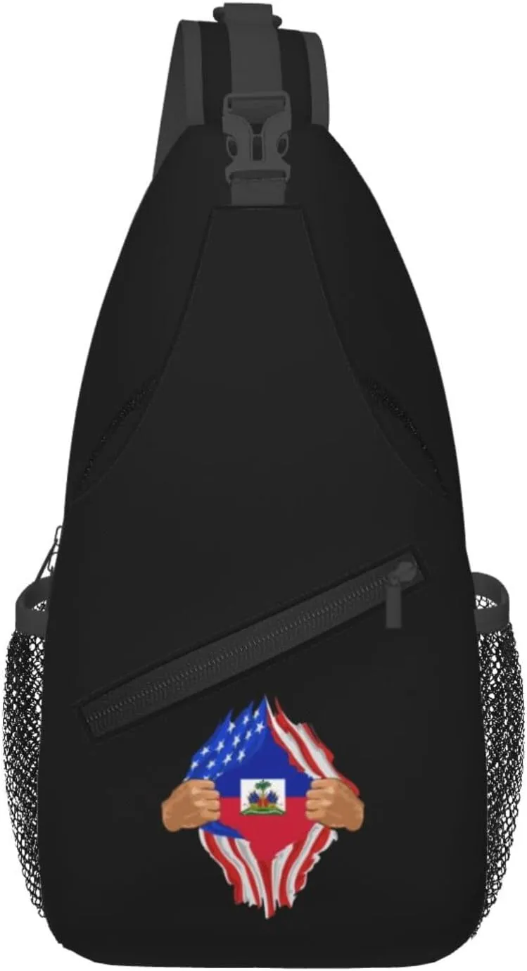 Hand Tear Flag Of Haiti Crossbody Bags For Women Men Chest Backpack Gym Shoulder Bag Travel Outdoor Sports Casual Crossbody Bags