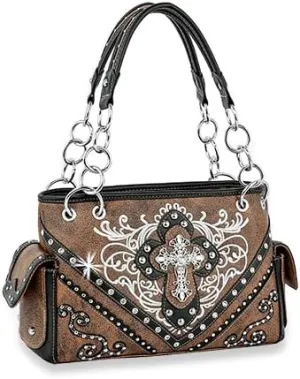 HANDBAG EXPRESS - Western Rhinestone Cross Floral Art Handbag Bag