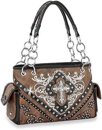 HANDBAG EXPRESS - Western Rhinestone Cross Floral Art Handbag Bag