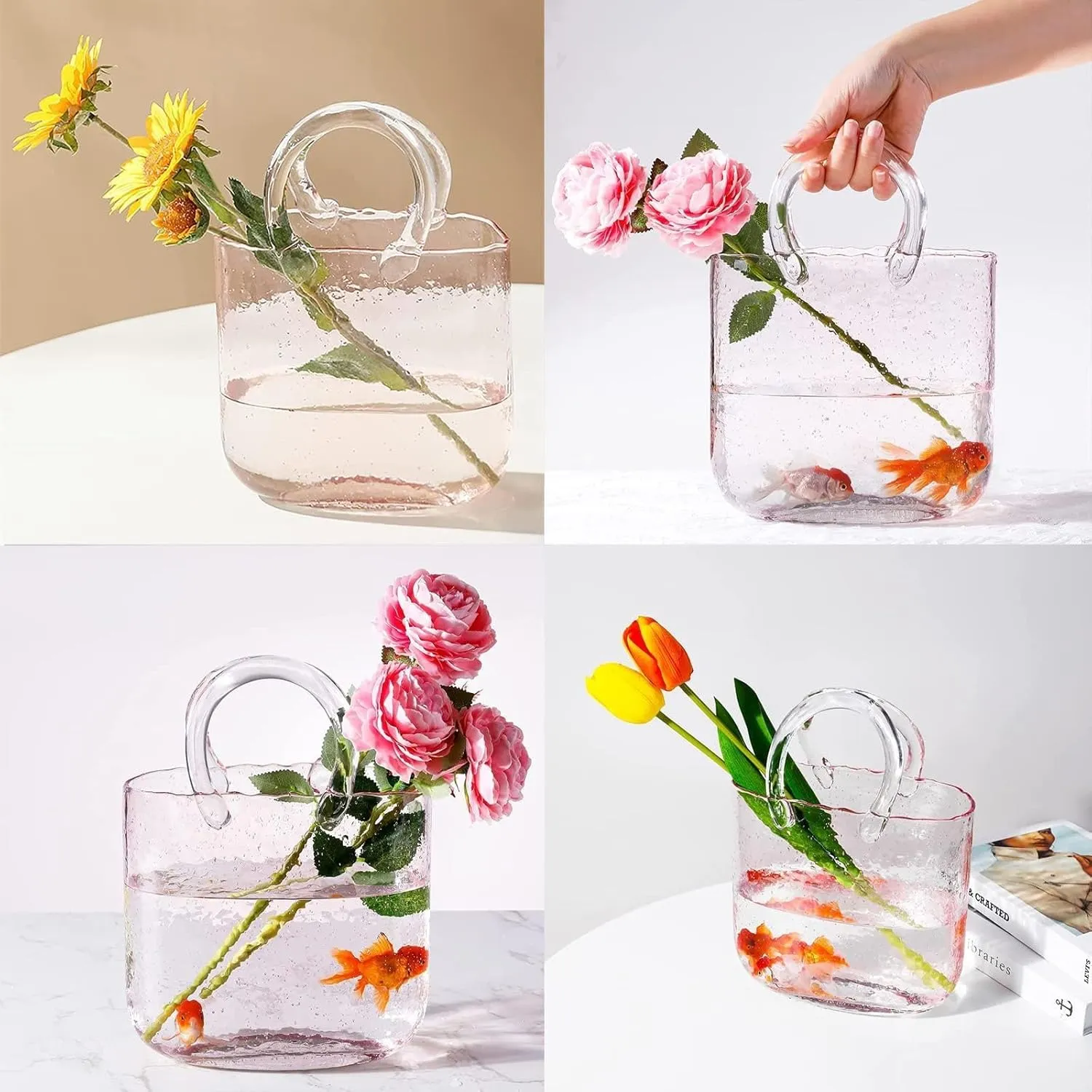 Handbag Vases for Flowers, Glass Purse Vase Blowing by Hand Purse Vase with Fish Bowl Handbag Unique Flower Vase, for Flowers/Home Décor/Office,Style1-Pink