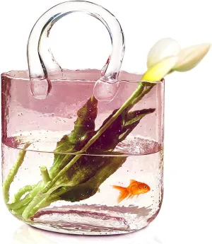 Handbag Vases for Flowers, Glass Purse Vase Blowing by Hand Purse Vase with Fish Bowl Handbag Unique Flower Vase, for Flowers/Home Décor/Office,Style1-Pink