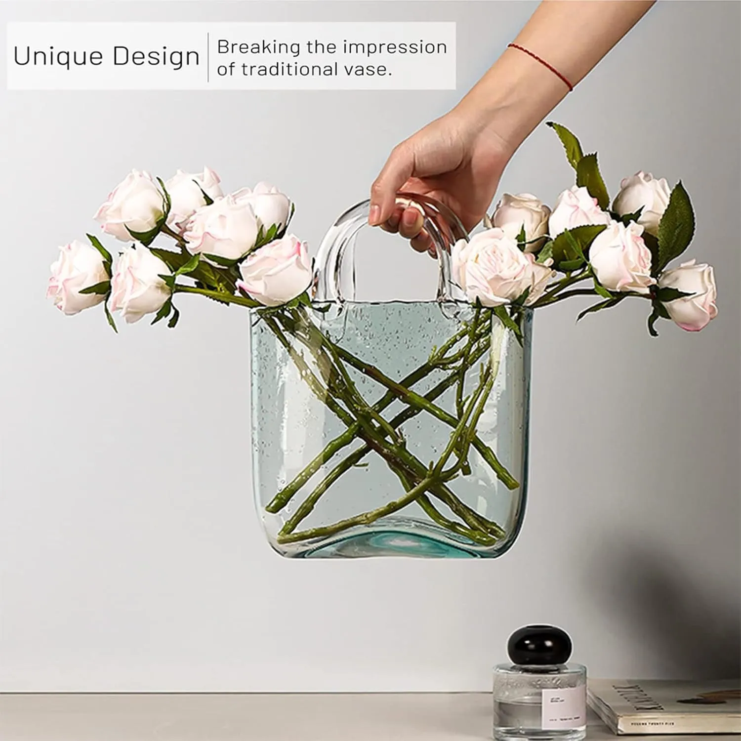 Handbag Vases for Flowers, Glass Purse Vase Blowing by Hand Purse Vase with Fish Bowl Handbag Unique Flower Vase, for Flowers/Home Décor/Office,Style1-Pink