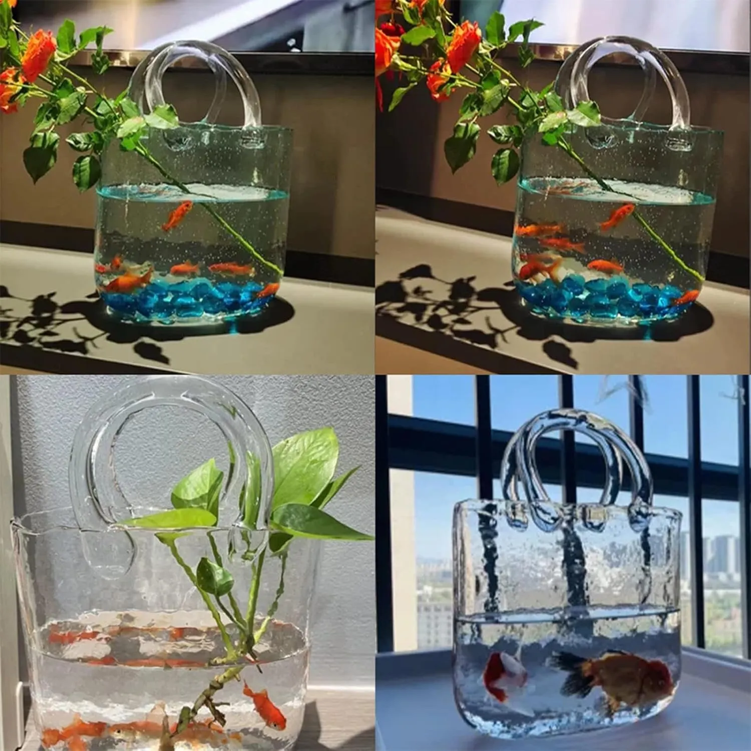 Handbag Vases for Flowers, Glass Purse Vase Blowing by Hand Purse Vase with Fish Bowl Handbag Unique Flower Vase, for Flowers/Home Décor/Office,Style1-Pink