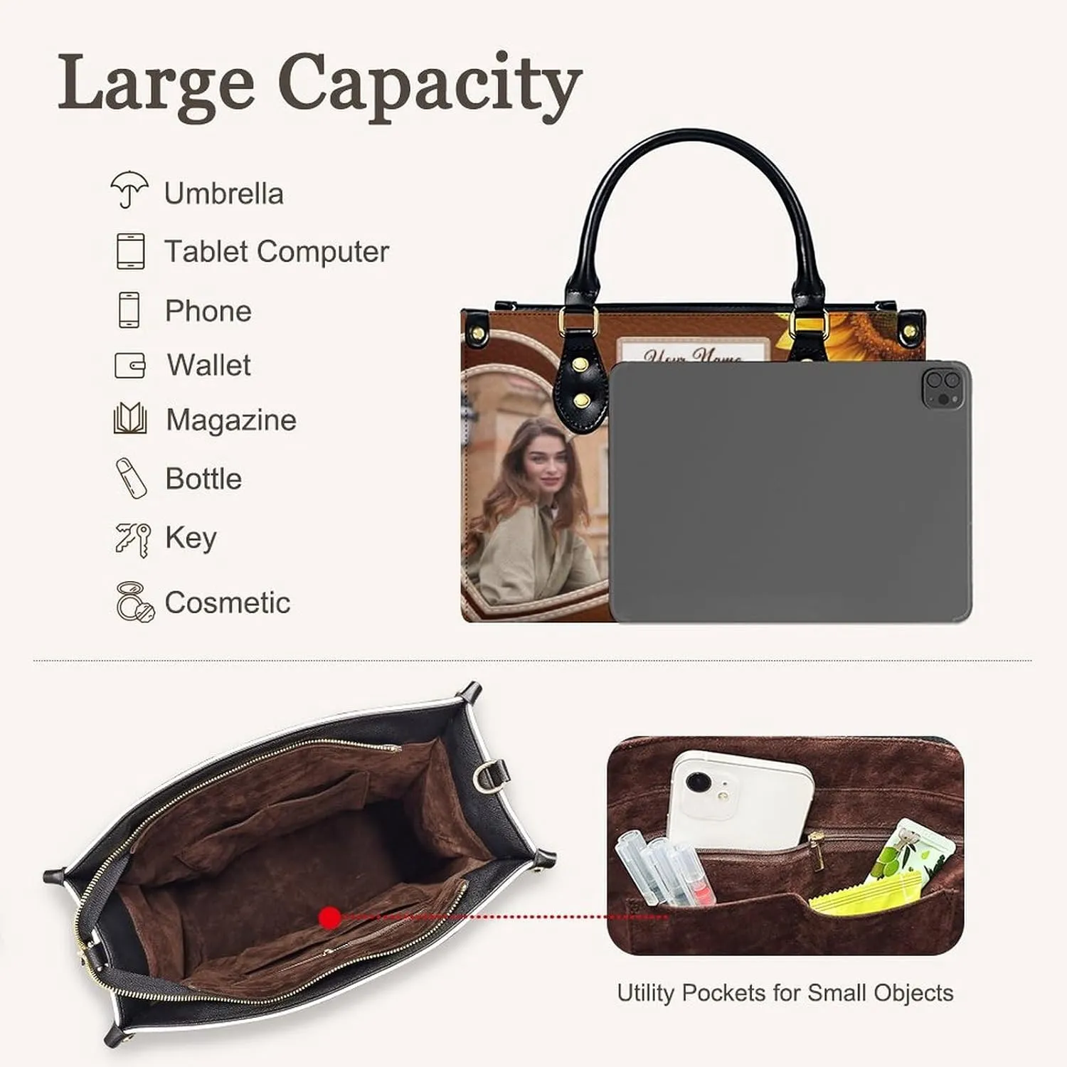 Handbags for Women - Personalized Leather Purse with Name Photo - Tote Bags for Mom Grandma - Custom Gifts Ideas for Her
