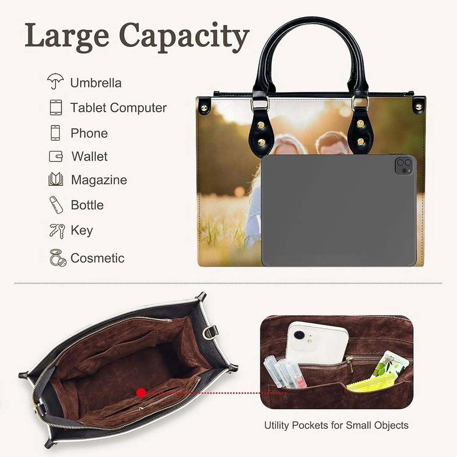 Handbags for Women - Personalized Leather Purse with Name Photo - Tote Bags for Mom Grandma - Custom Gifts Ideas for Her