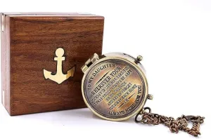 Handicrafted Sundial Compass with Wooden & Leather Case Pocket Compass Vintage Solid Brass Map Reader Maritime Compass for Travelling Camping & Navigation Tool (to My Daughter Engraved)