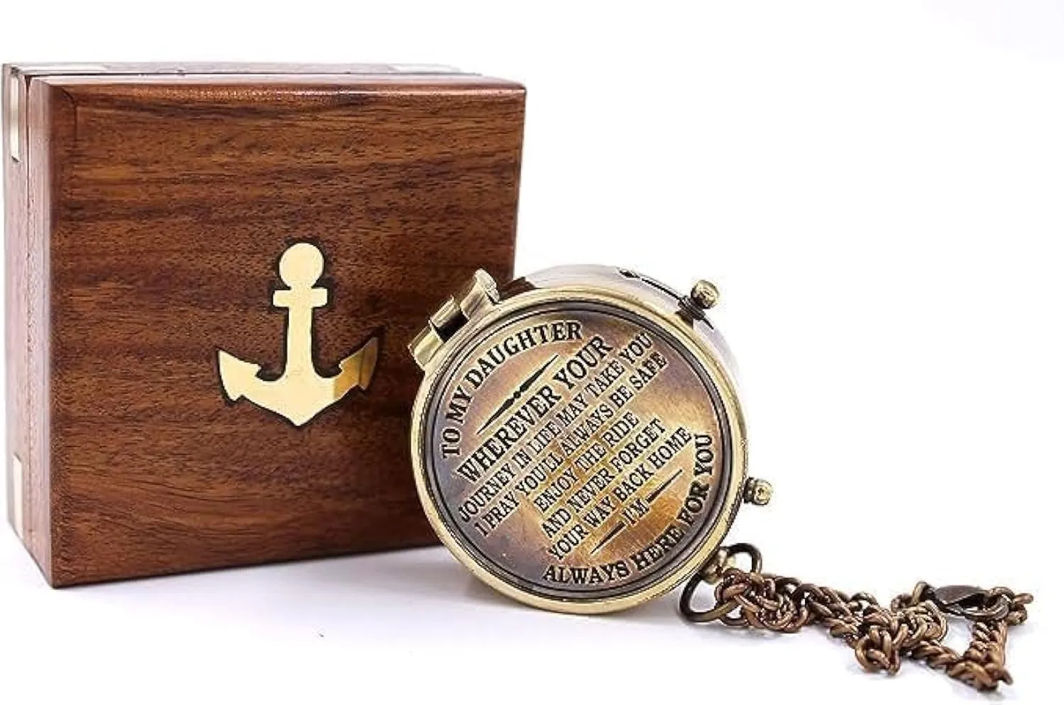 Handicrafted Sundial Compass with Wooden & Leather Case Pocket Compass Vintage Solid Brass Map Reader Maritime Compass for Travelling Camping & Navigation Tool (to My Daughter Engraved)