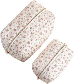Handmade Cotton Quilted Makeup Bag, Skincare Organizer Zipped Pouch,Travel Cosmetic Bag,2 Pieces Floral Beauty Purse for Women Girls Skincares Essentials