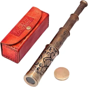 Handmade Retro Brass Handheld Telescope with Leather Box Vintage Pirate Movie Prop Designer Spyglass Telescope Home & Table Decor
