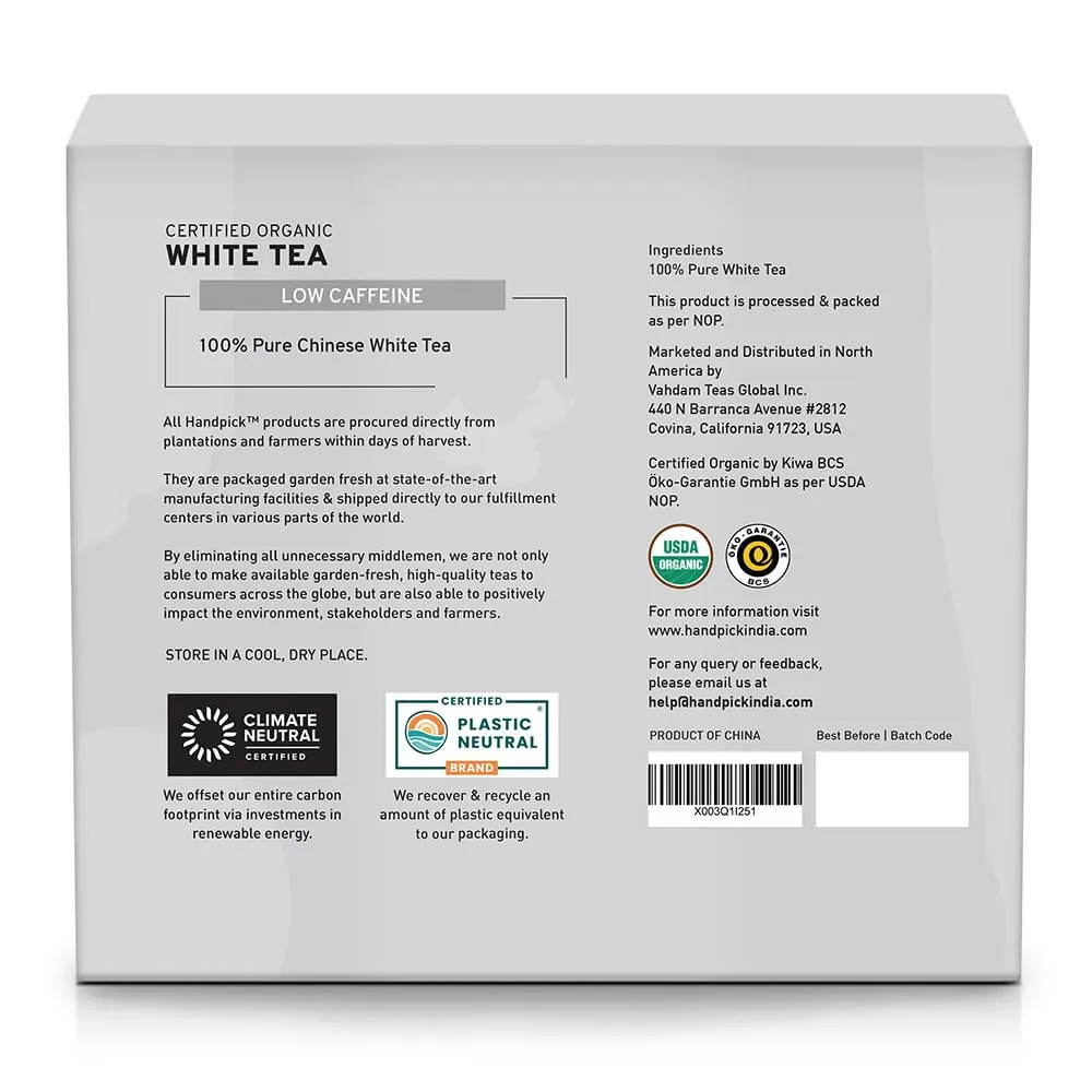 HANDPICK, Organic White Tea - 100 Tea Bags | USDA Organic, 100% Pure White Tea | Mild & Smooth | Packed in Eco-friendly Tea Bags