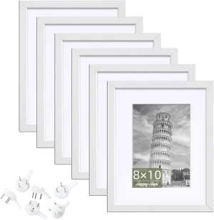 HappyHapi 8x10 Picture Frame Set of 6, 8x10 White Picture Frame Display Pictures 5x7 with Mat or 8x10 Without Mat. Wall Hanging Photo Frame or Tabletop Display Gallery Frame (White)