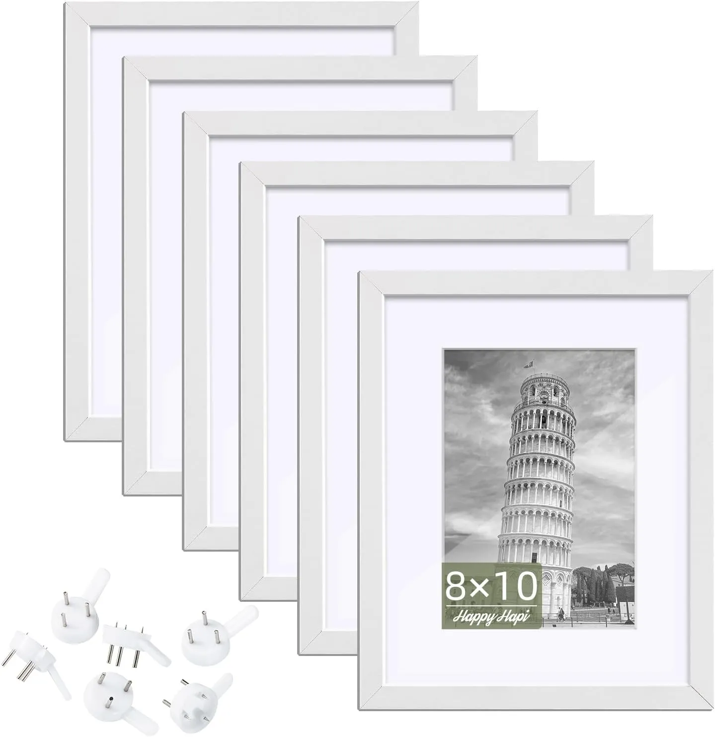 HappyHapi 8x10 Picture Frame Set of 6, 8x10 White Picture Frame Display Pictures 5x7 with Mat or 8x10 Without Mat. Wall Hanging Photo Frame or Tabletop Display Gallery Frame (White)