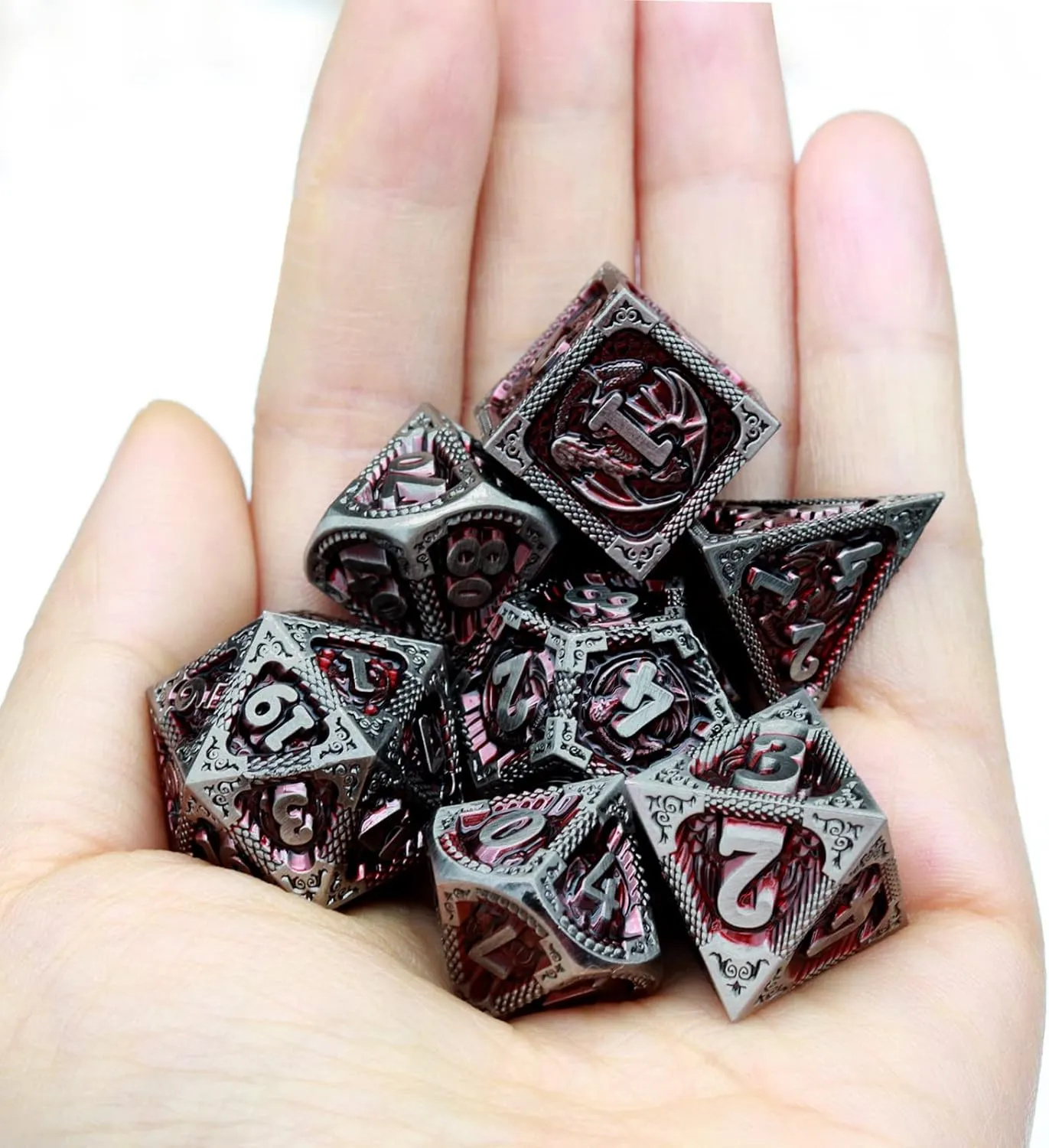 Haxtec DND Dice Set Metal D&D Dice Set with Leather Dice Bag Antique Iron Red Metal Polyhedral Dice for Dungeons and Dragons TTRPG Gifts