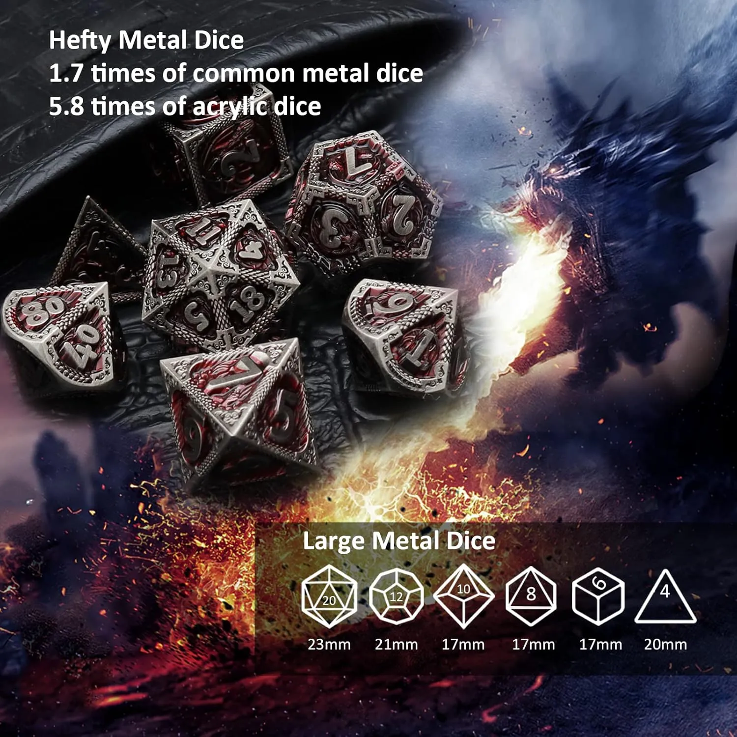 Haxtec DND Dice Set Metal D&D Dice Set with Leather Dice Bag Antique Iron Red Metal Polyhedral Dice for Dungeons and Dragons TTRPG Gifts