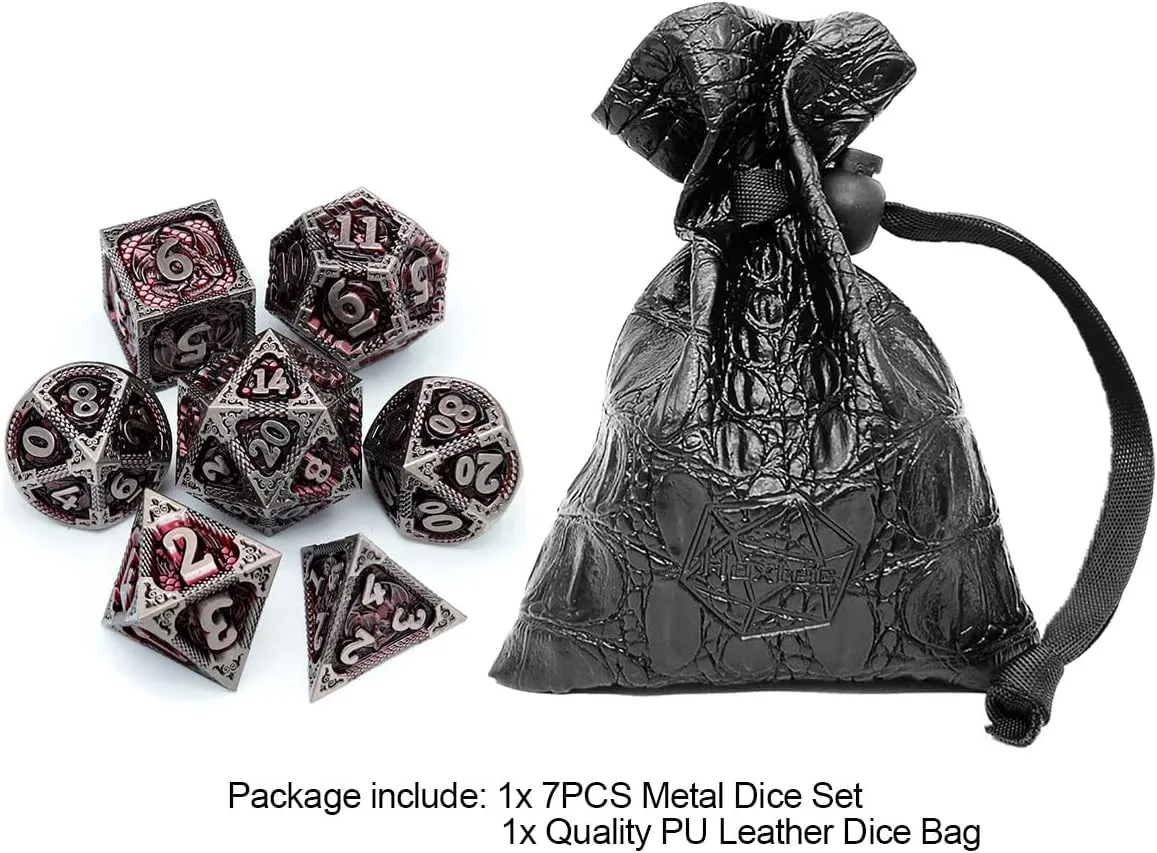 Haxtec DND Dice Set Metal D&D Dice Set with Leather Dice Bag Antique Iron Red Metal Polyhedral Dice for Dungeons and Dragons TTRPG Gifts