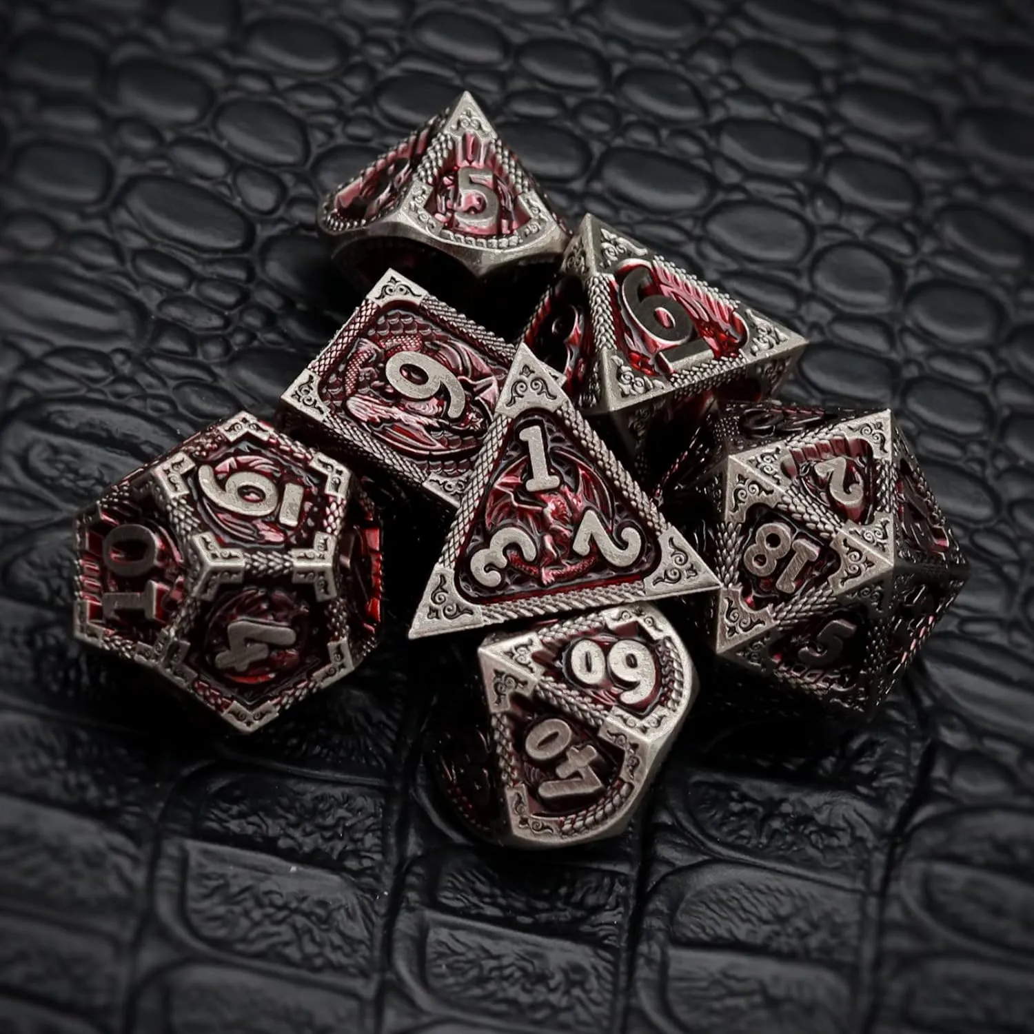 Haxtec DND Dice Set Metal D&D Dice Set with Leather Dice Bag Antique Iron Red Metal Polyhedral Dice for Dungeons and Dragons TTRPG Gifts