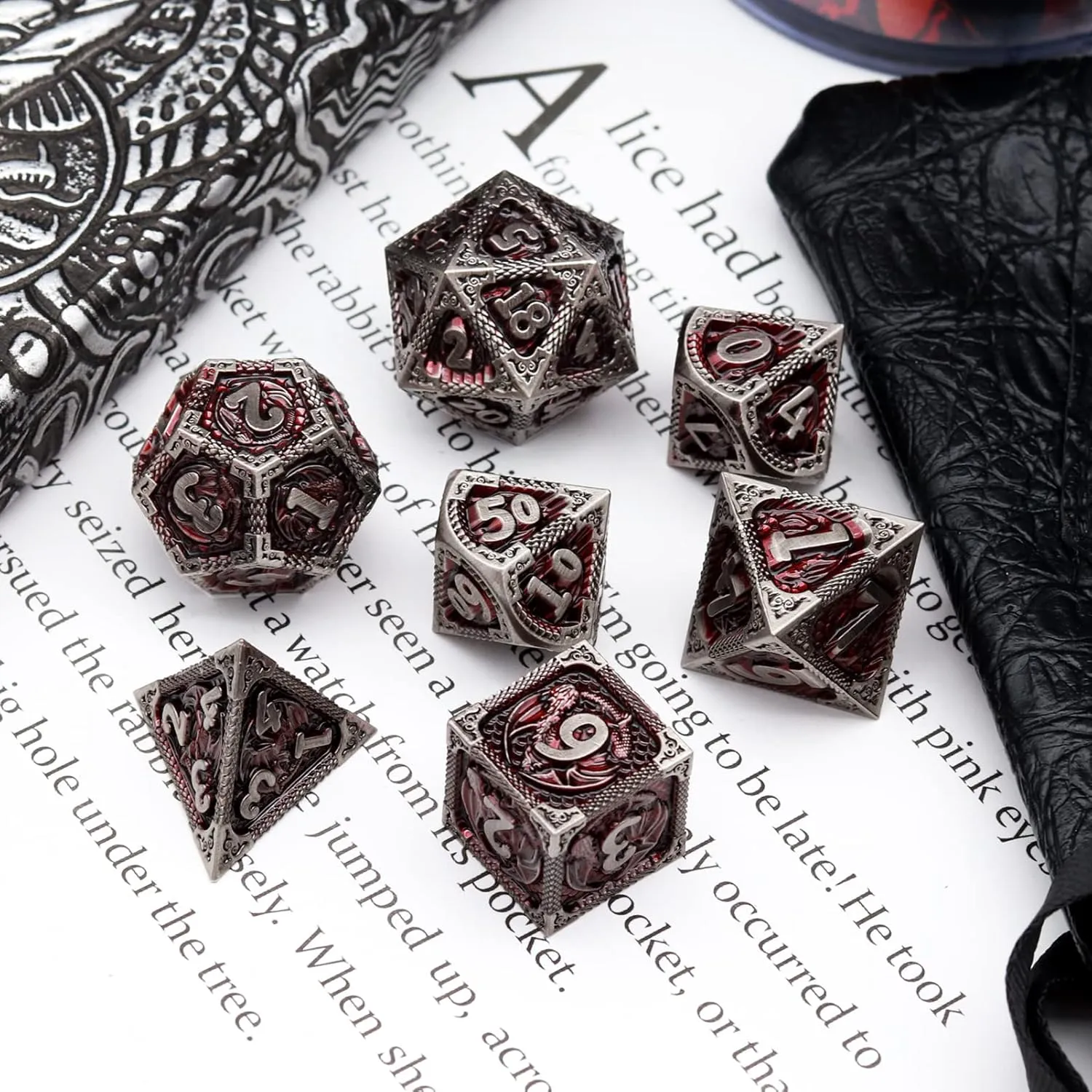 Haxtec DND Dice Set Metal D&D Dice Set with Leather Dice Bag Antique Iron Red Metal Polyhedral Dice for Dungeons and Dragons TTRPG Gifts