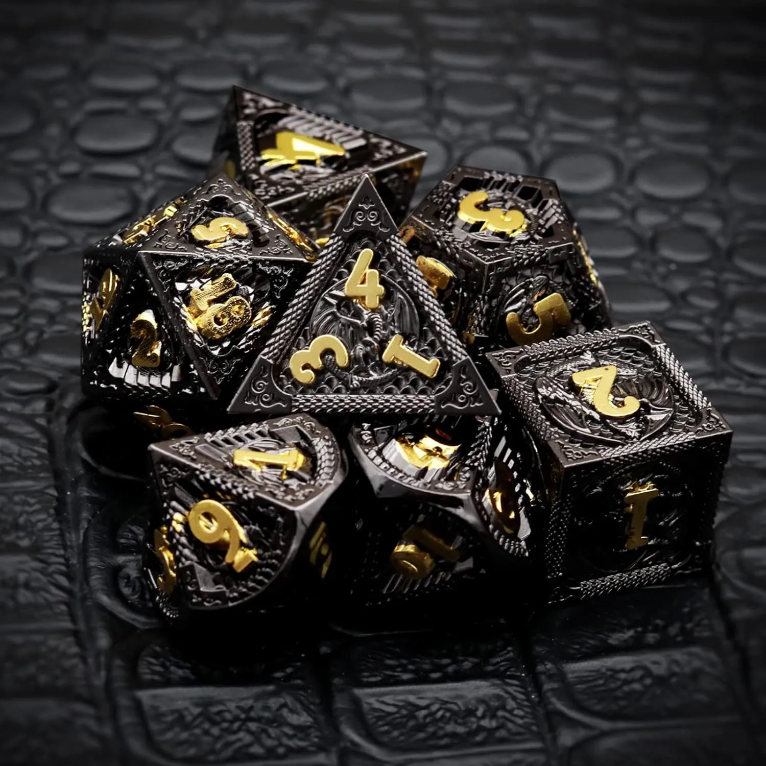 Haxtec Metal DND Dice Set Black Gold Metal D&D Dice with Fire-Breathing Dragon Elements & Leather Dice Bag Polyhedral Dice for Dungeons and Dragons TTRPG Gifts…