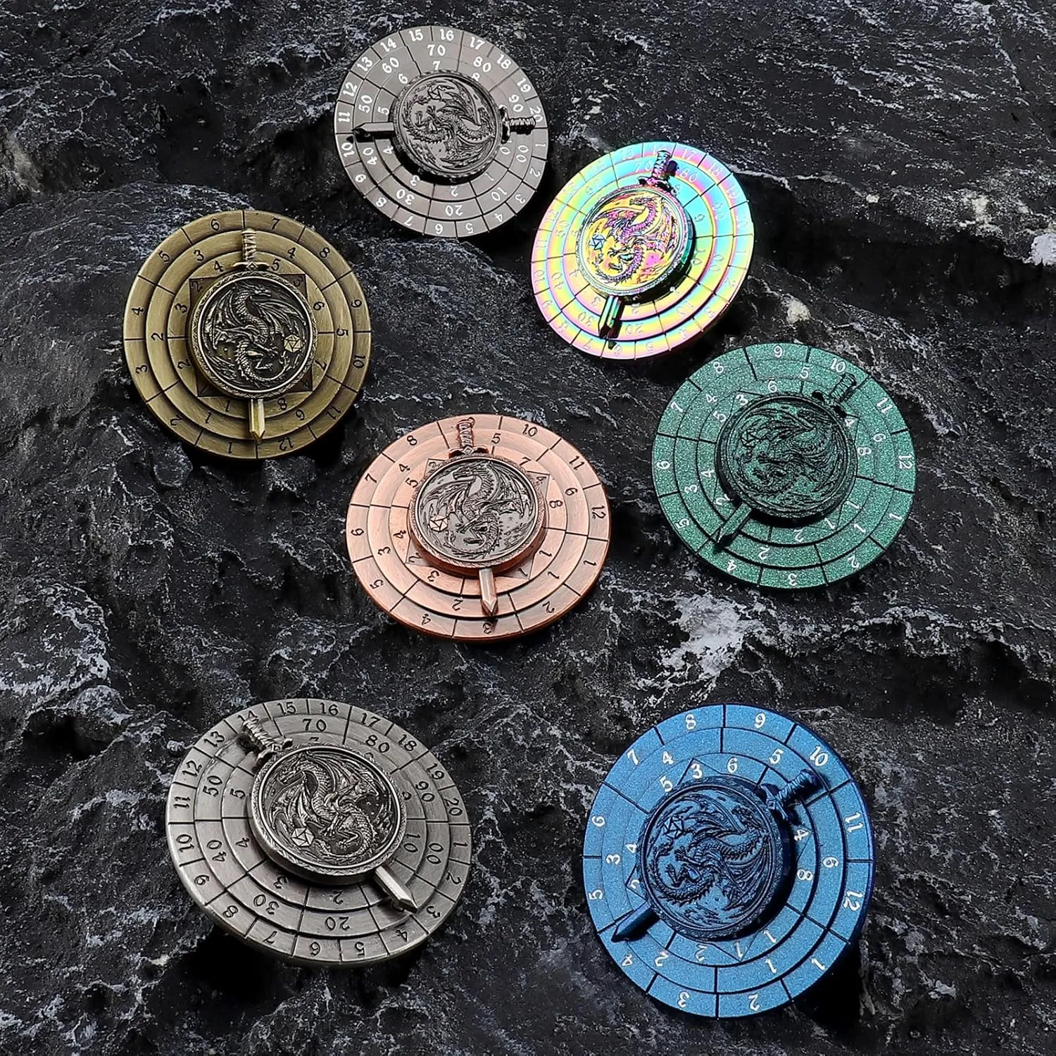 Haxtec Spinner Dice Set - 7-in-1 Metal DND Dice, Unique Antique Rotating Design for Dungeons and Dragons, D&D Gifts, RPG Role Playing Gaming