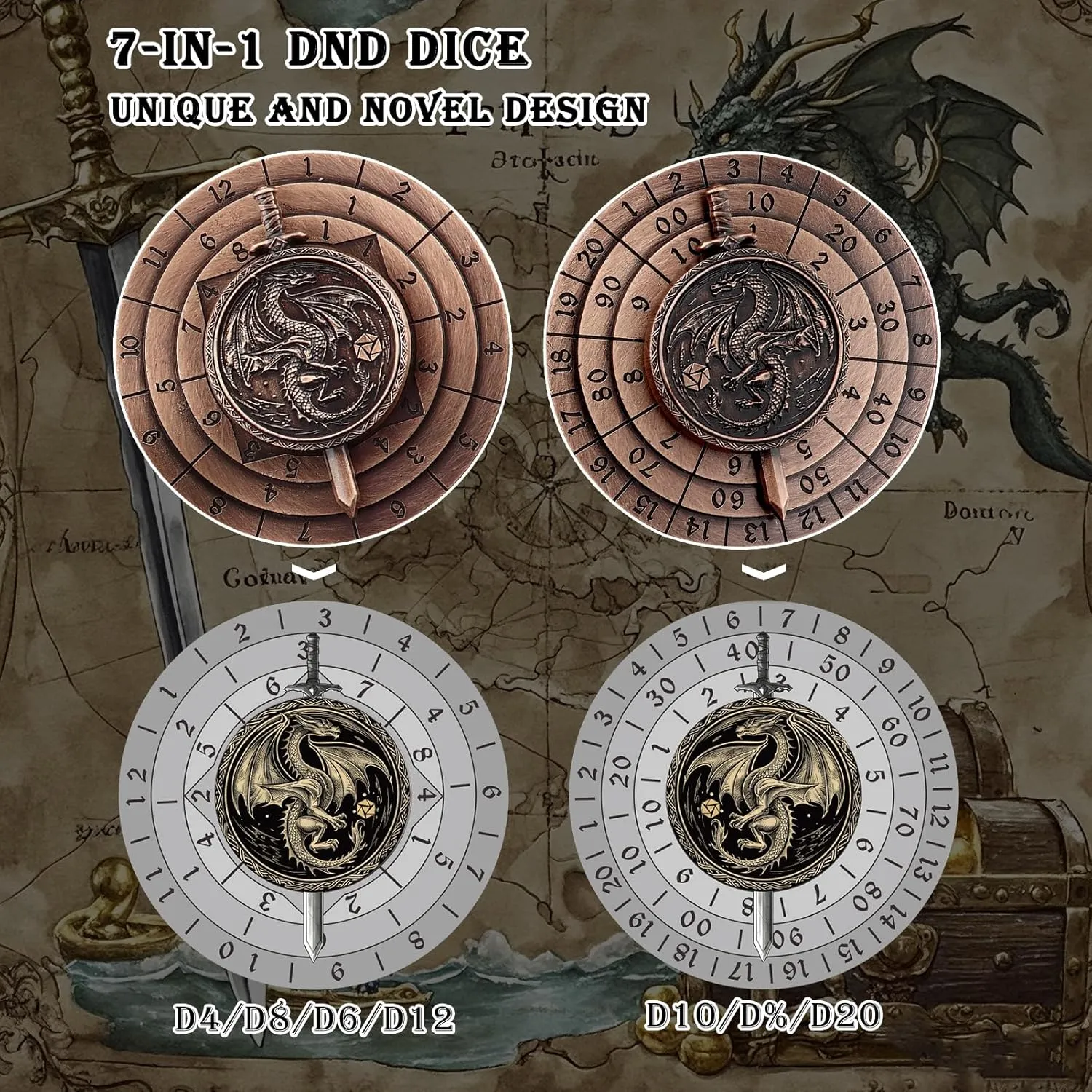 Haxtec Spinner Dice Set - 7-in-1 Metal DND Dice, Unique Antique Rotating Design for Dungeons and Dragons, D&D Gifts, RPG Role Playing Gaming