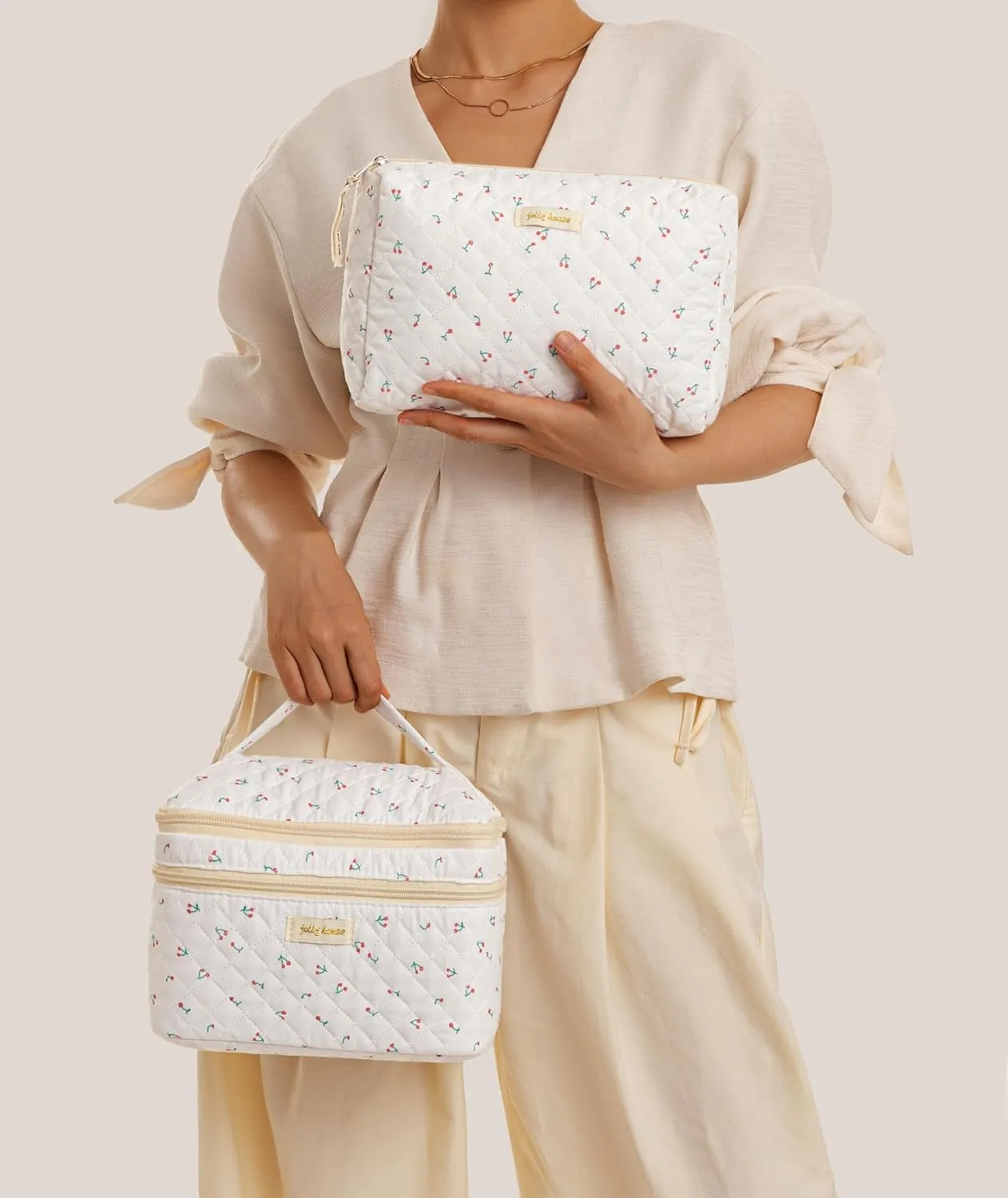 HBselect 2Pcs Double Layer Travel Quilted Coquette Makeup Bag - Aesthetic Cute Kawaii Cherry Toiletry Bags for Women & Girls
