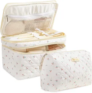 HBselect 2Pcs Double Layer Travel Quilted Coquette Makeup Bag - Aesthetic Cute Kawaii Cherry Toiletry Bags for Women & Girls