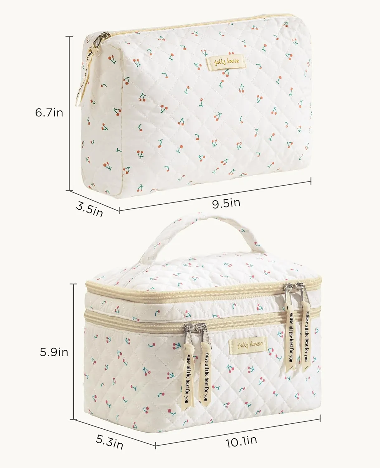 HBselect 2Pcs Double Layer Travel Quilted Coquette Makeup Bag - Aesthetic Cute Kawaii Cherry Toiletry Bags for Women & Girls