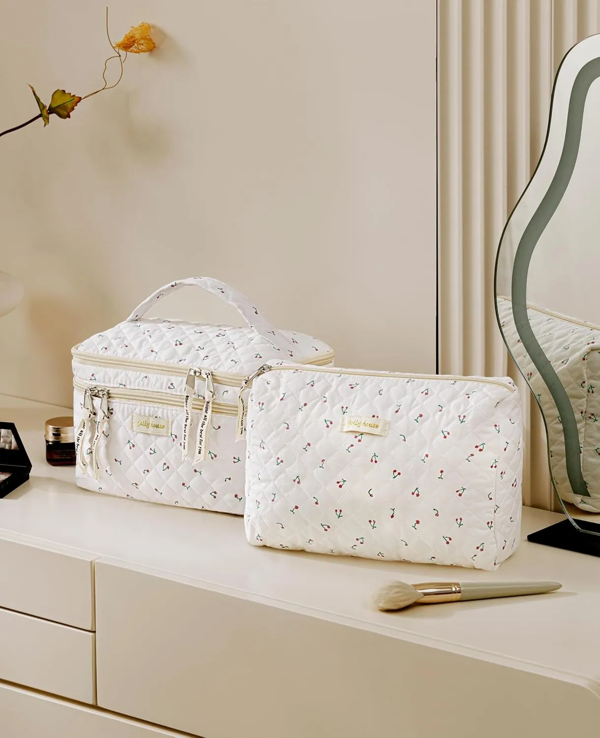 HBselect 2Pcs Double Layer Travel Quilted Coquette Makeup Bag - Aesthetic Cute Kawaii Cherry Toiletry Bags for Women & Girls