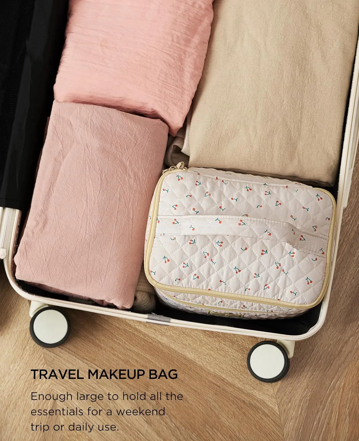 HBselect 2Pcs Double Layer Travel Quilted Coquette Makeup Bag - Aesthetic Cute Kawaii Cherry Toiletry Bags for Women & Girls