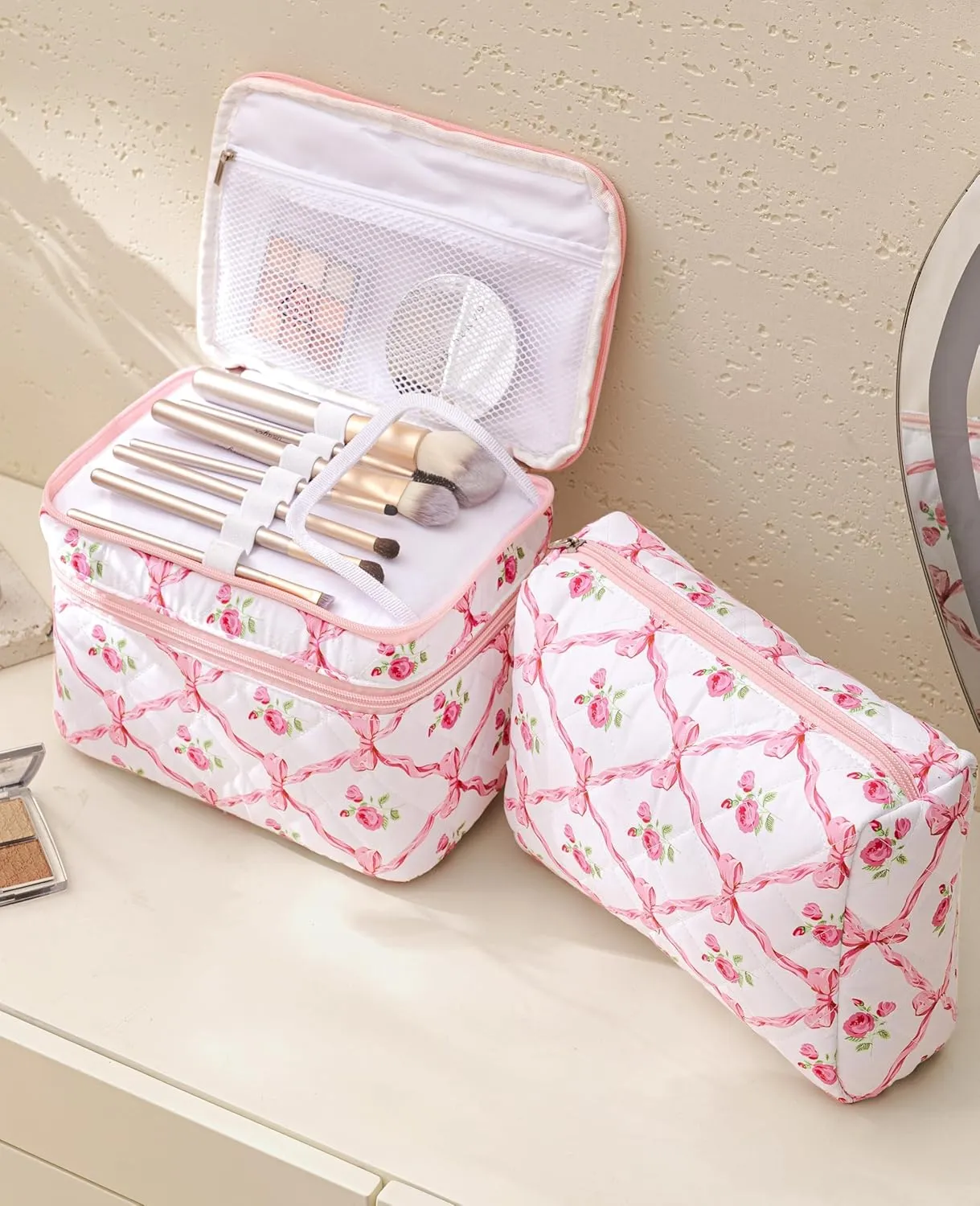 HBselect 2Pcs Travel Makeup Bag, Large Cotton Quilted Makeup Bag Cosmetic Bag Cute Make up Bag Toiletry Bags for Women Girls