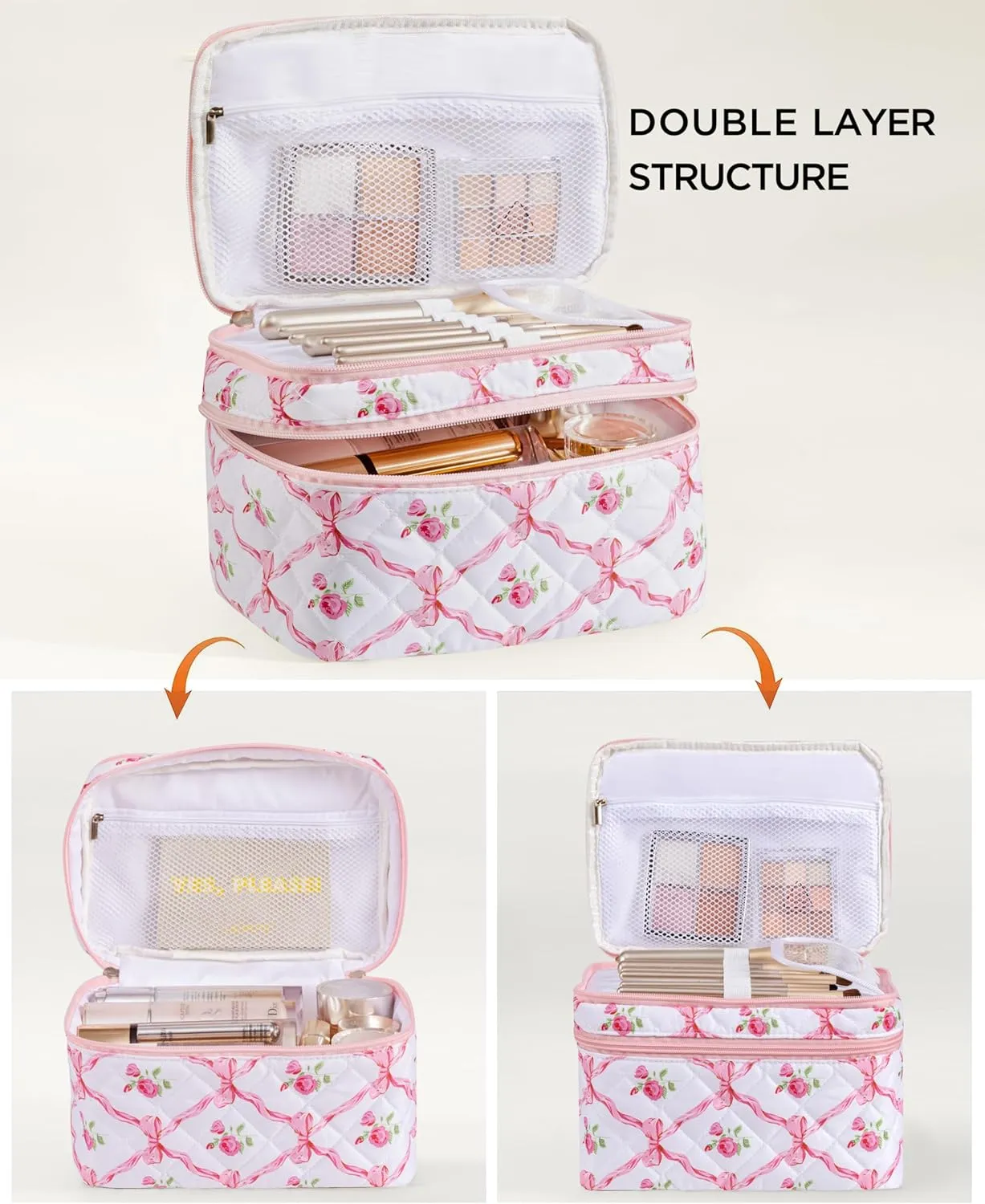 HBselect 2Pcs Travel Makeup Bag, Large Cotton Quilted Makeup Bag Cosmetic Bag Cute Make up Bag Toiletry Bags for Women Girls