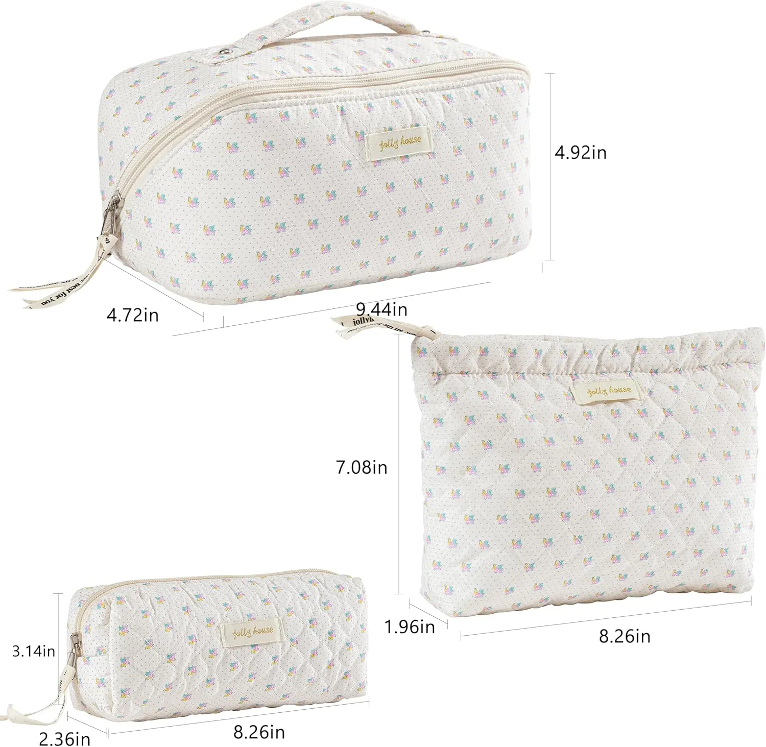 HBselect Quilted Makeup Bag, 3PCS Cotton Large Travel Makeup Bag, Cute Floral Coquette Make up Bag Cosmetic Bag Toiletry Bag for Women Girls