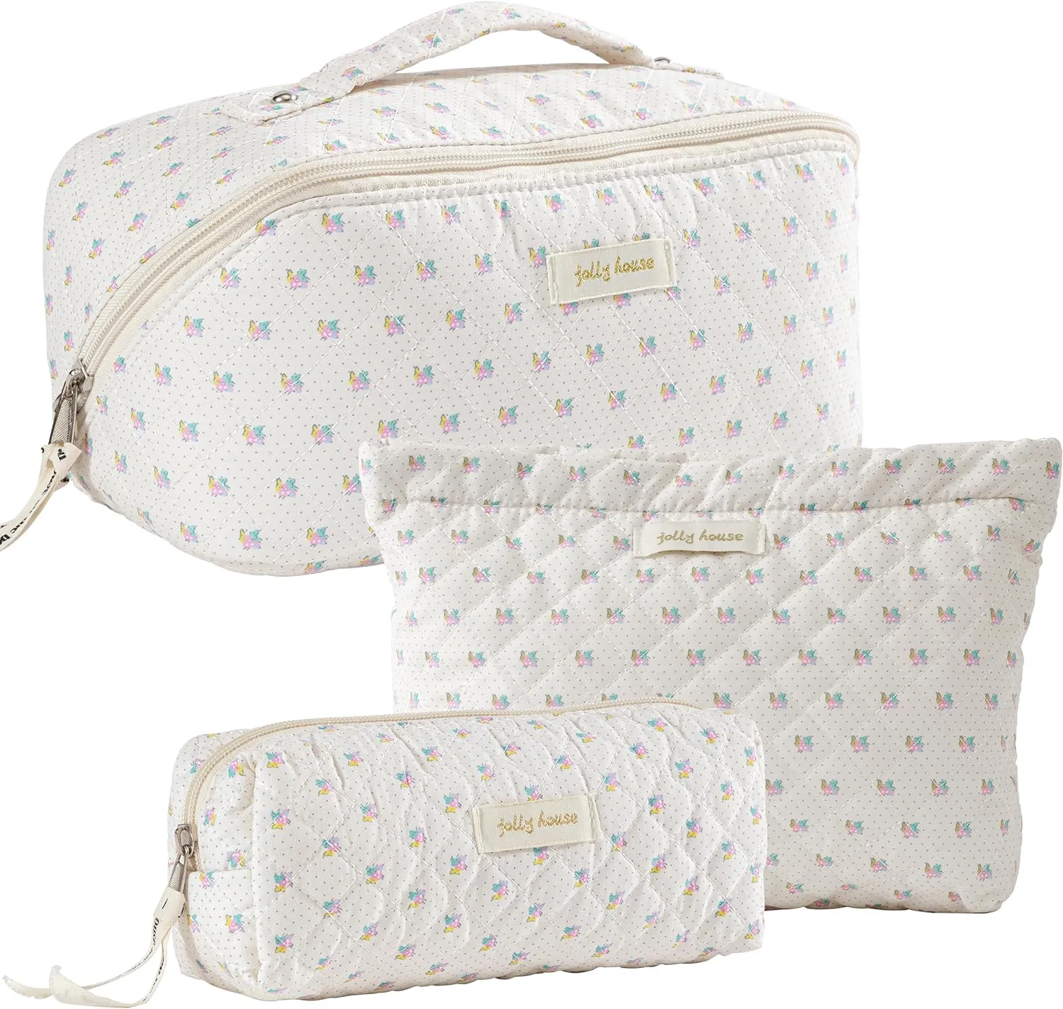 HBselect Quilted Makeup Bag, 3PCS Cotton Large Travel Makeup Bag, Cute Floral Coquette Make up Bag Cosmetic Bag Toiletry Bag for Women Girls