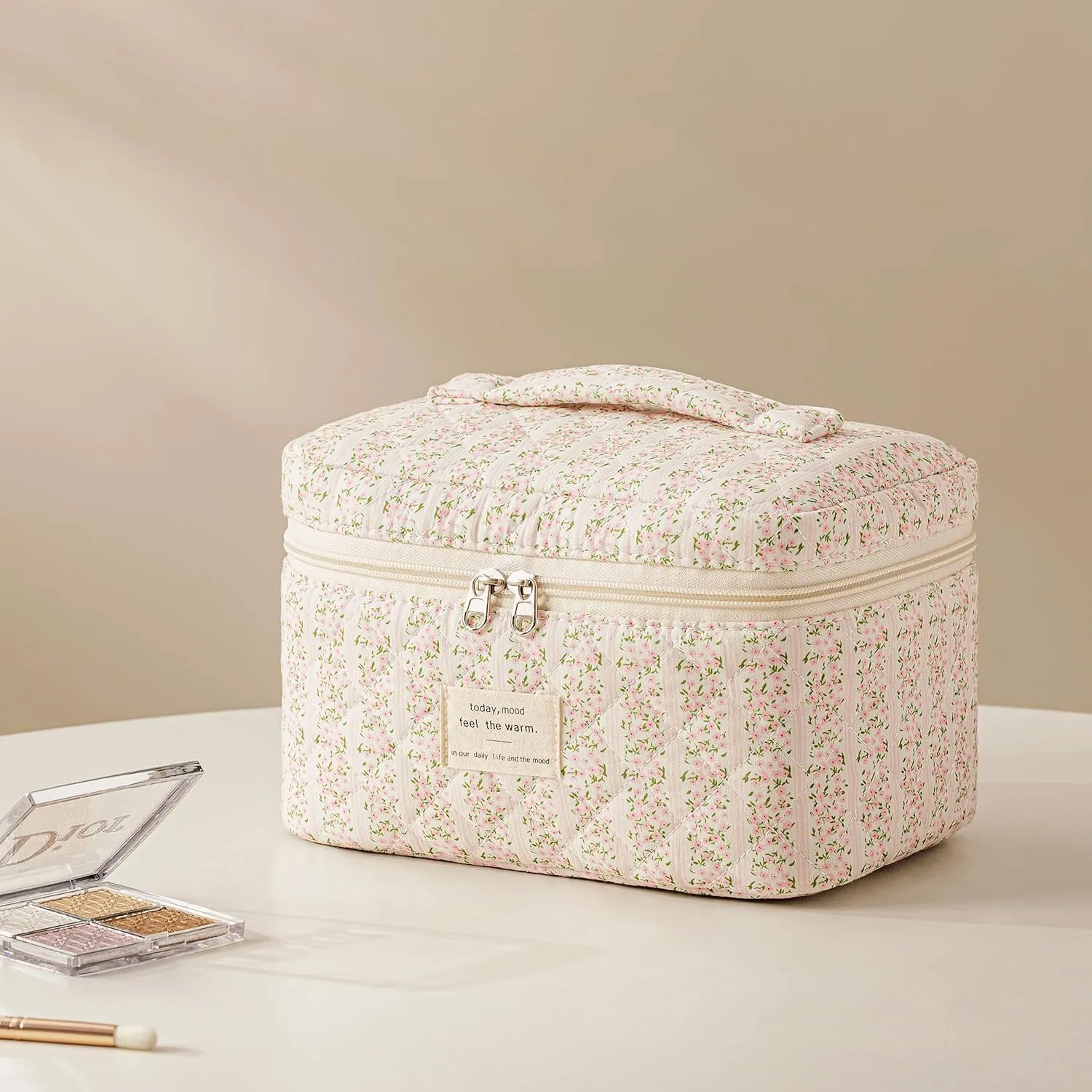 HBselect Quilted Makeup Bag, 3PCS Cotton Large Travel Makeup Bag, Cute Floral Coquette Make up Bag Cosmetic Bag Toiletry Bag for Women Girls