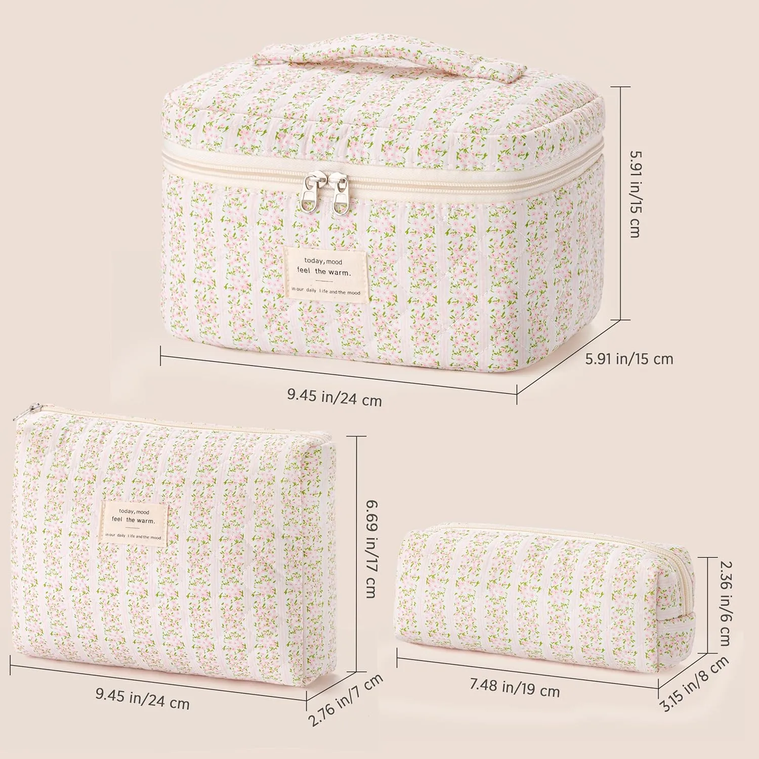 HBselect Quilted Makeup Bag, 3PCS Cotton Large Travel Makeup Bag, Cute Floral Coquette Make up Bag Cosmetic Bag Toiletry Bag for Women Girls