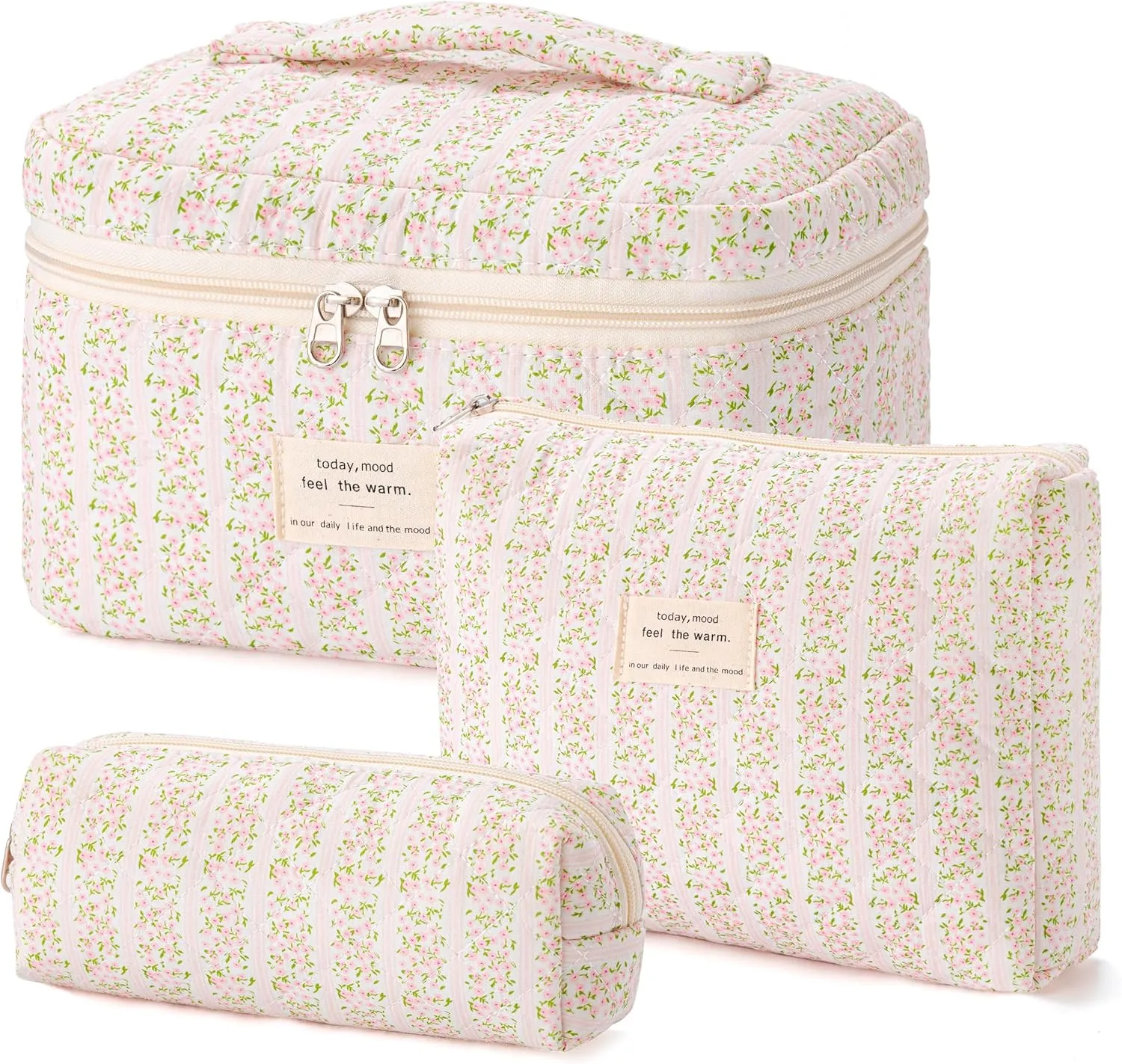 HBselect Quilted Makeup Bag, 3PCS Cotton Large Travel Makeup Bag, Cute Floral Coquette Make up Bag Cosmetic Bag Toiletry Bag for Women Girls
