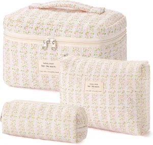HBselect Quilted Makeup Bag, 3PCS Cotton Large Travel Makeup Bag, Cute Floral Coquette Make up Bag Cosmetic Bag Toiletry Bag for Women Girls