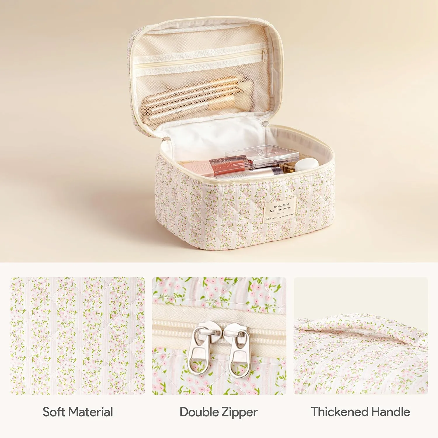 HBselect Quilted Makeup Bag, 3PCS Cotton Large Travel Makeup Bag, Cute Floral Coquette Make up Bag Cosmetic Bag Toiletry Bag for Women Girls