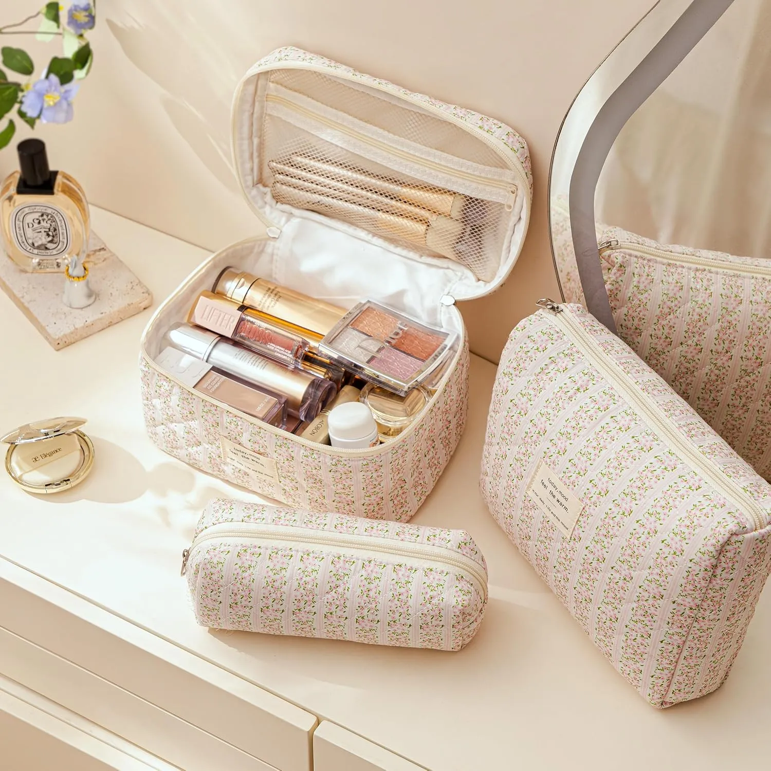 HBselect Quilted Makeup Bag, 3PCS Cotton Large Travel Makeup Bag, Cute Floral Coquette Make up Bag Cosmetic Bag Toiletry Bag for Women Girls