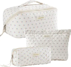 HBselect Quilted Makeup Bag, 3PCS Cotton Large Travel Makeup Bag, Cute Floral Coquette Make up Bag Cosmetic Bag Toiletry Bag for Women Girls