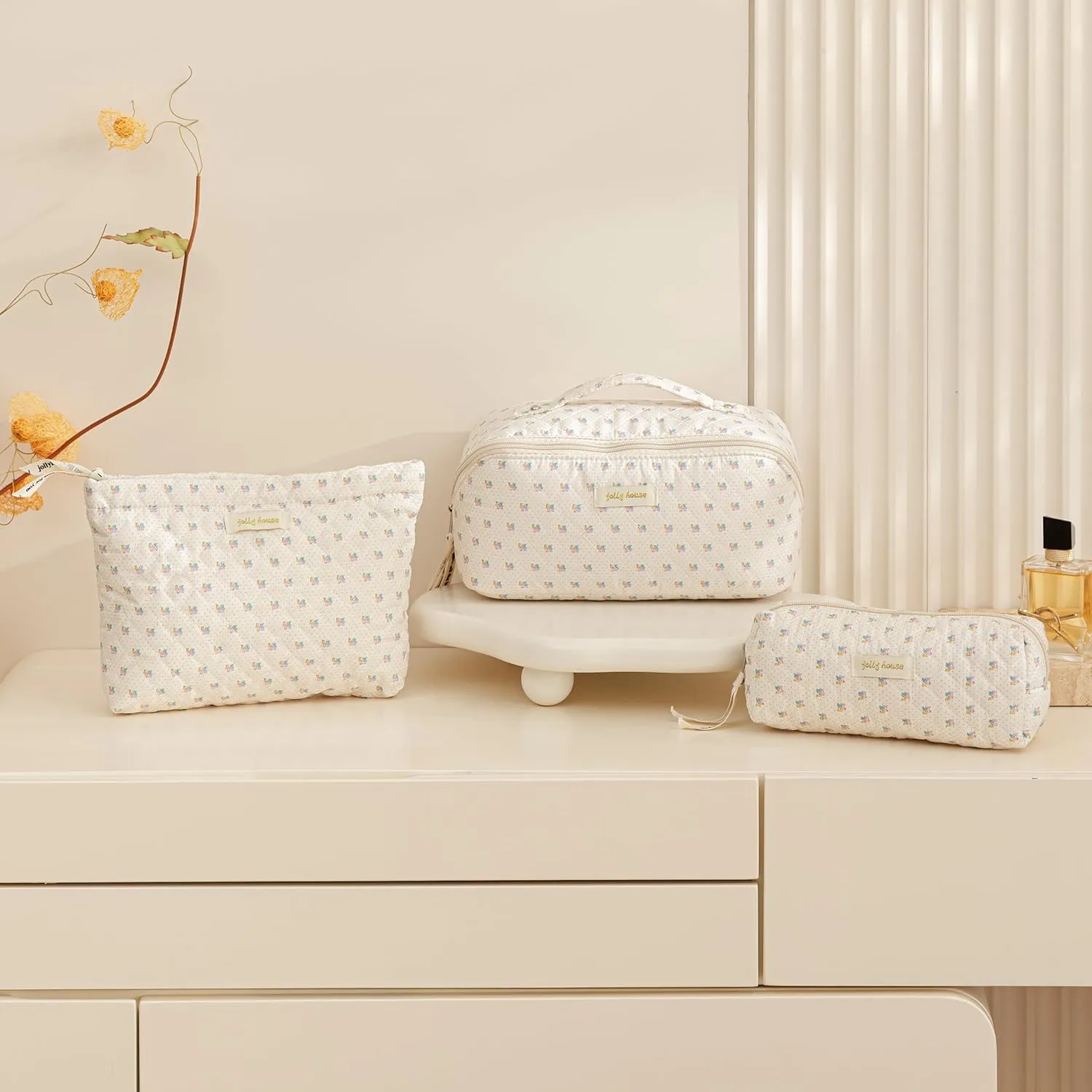 HBselect Quilted Makeup Bag, 3PCS Cotton Large Travel Makeup Bag, Cute Floral Coquette Make up Bag Cosmetic Bag Toiletry Bag for Women Girls
