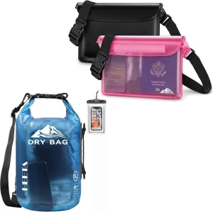 HEETA Waterproof Dry Bag for Women Men (Transparent Blue 5L) Bundled with 2-Pack Waterproof Pouch with Adjustable Waist Strap (Black & Pink)