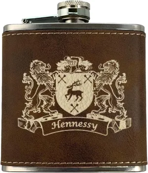Hennessy Irish Coat of Arms Leather Flask - Rustic Brown