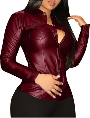 HGps8w Womens Sexy PU Faux Leather Button Down Shirts Slim Fitted Long Sleeve V Neck Blouses Tops with Pocket