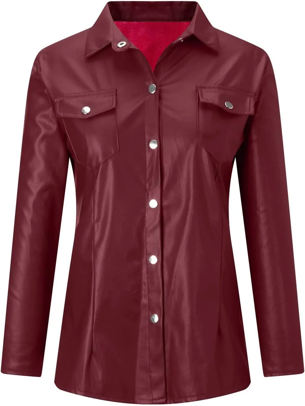 HGps8w Womens Sexy PU Faux Leather Button Down Shirts Slim Fitted Long Sleeve V Neck Blouses Tops with Pocket
