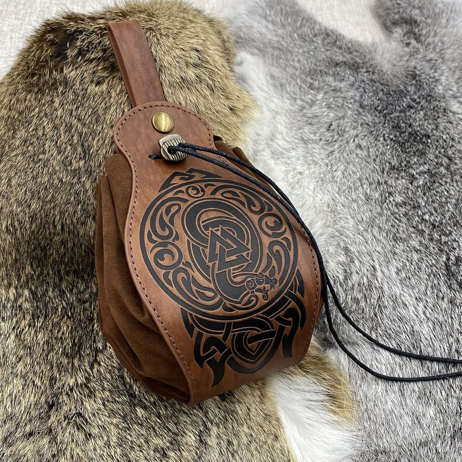 HiiFeuer Medieval Faux Leather Pouch, Portable Drawstring Purse, Vintage Belt Pouch Dice Bag For LARP Ren Faire